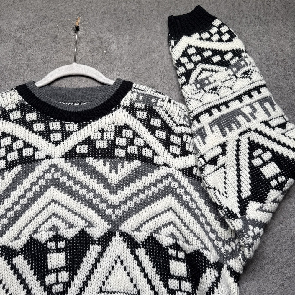 Vintage Mens Black Alpine Geometric Sweater Après Ski Made in France Oversized L